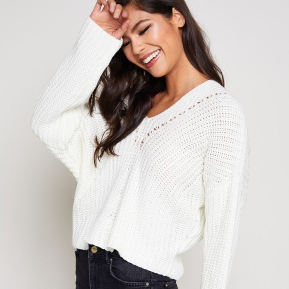 Small Ivory Lush V Neck Lace Up Back Long Sleeve Sweater - Picture 9 of 10